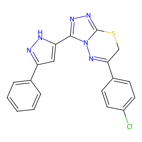6-(4-chlorophenyl)-3-(3-phenyl-1H-pyrazol-5-yl)-7H-[1,2,4]triazolo[3,4-b][1,3,4]thiadiazine structure