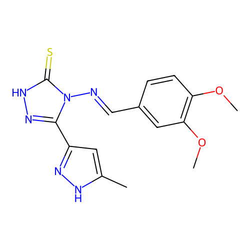 4-[(E)-(3,4-dimethoxyphenyl)methylideneamino]-3-(5-methyl-1H-pyrazol-3-yl)-1H-1,2,4-triazole-5-thione structure