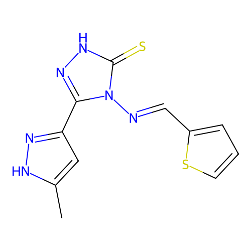 3-(5-methyl-1H-pyrazol-3-yl)-4-(2-thenylideneamino)-1H-1,2,4-triazole-5-thione structure