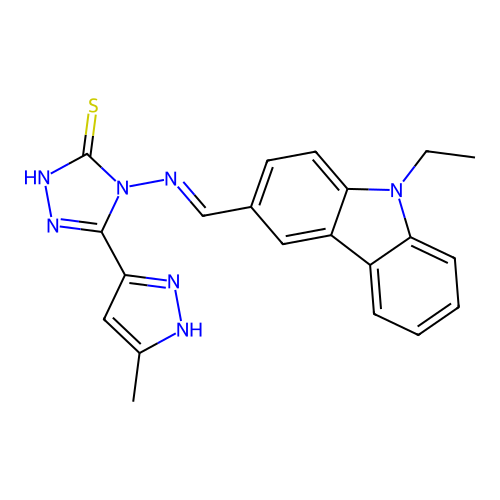4-[(E)-(9-ethylcarbazol-3-yl)methylideneamino]-3-(5-methyl-1H-pyrazol-3-yl)-1H-1,2,4-triazole-5-thione structure