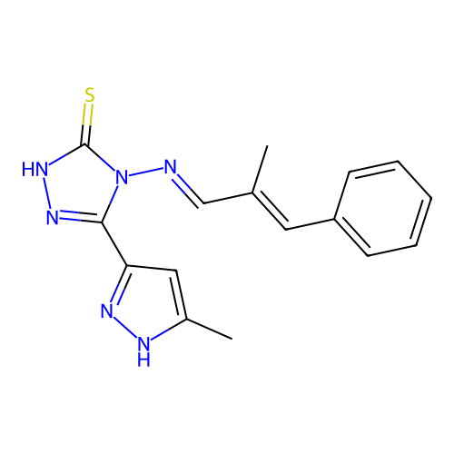 4-[(E)-[(E)-2-methyl-3-phenylprop-2-enylidene]amino]-3-(5-methyl-1H-pyrazol-3-yl)-1H-1,2,4-triazole-5-thione structure