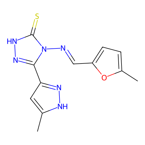 4-[(E)-(5-methylfuran-2-yl)methylideneamino]-3-(5-methyl-1H-pyrazol-3-yl)-1H-1,2,4-triazole-5-thione structure