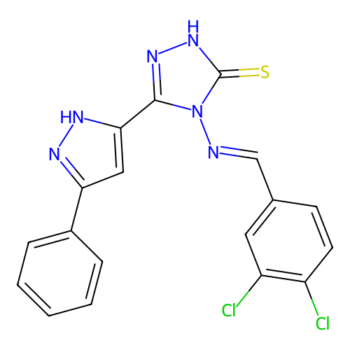 4-{[1-(3,4-Dichloro-phenyl)-meth-(E)-ylidene]-amino}-5-(5-phenyl-2H-pyrazol-3-yl)-4H-[1,2,4]triazole-3-t hiol structure