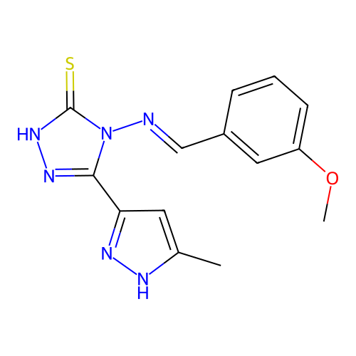 4-[(E)-(3-methoxyphenyl)methylideneamino]-3-(5-methyl-1H-pyrazol-3-yl)-1H-1,2,4-triazole-5-thione structure