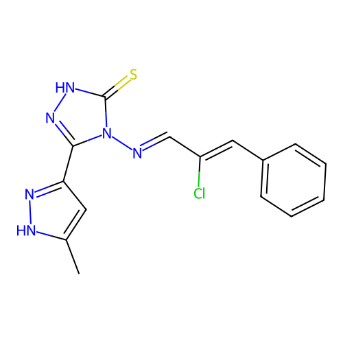 4-((E)-((Z)-2-chloro-3-phenylallylidene)amino)-5-(3-methyl-1H-pyrazol-5-yl)-4H-1,2,4-triazole-3-thiol structure