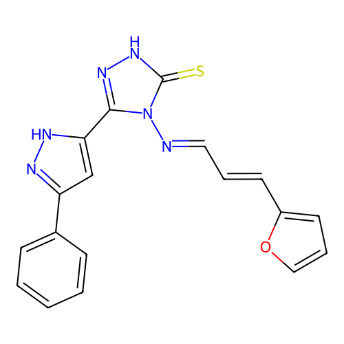 4-((1E,3E)-4-(2-furyl)-1-azabuta-1,3-dienyl)-5-(3-phenylpyrazol-5-yl)-1,2,4-tr iazole-3-thiol structure