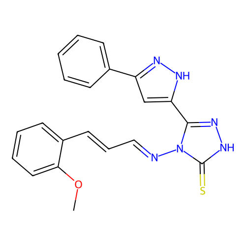4-[(E)-[(E)-3-(2-methoxyphenyl)prop-2-enylidene]amino]-3-(3-phenyl-1H-pyrazol-5-yl)-1H-1,2,4-triazole-5-thione structure