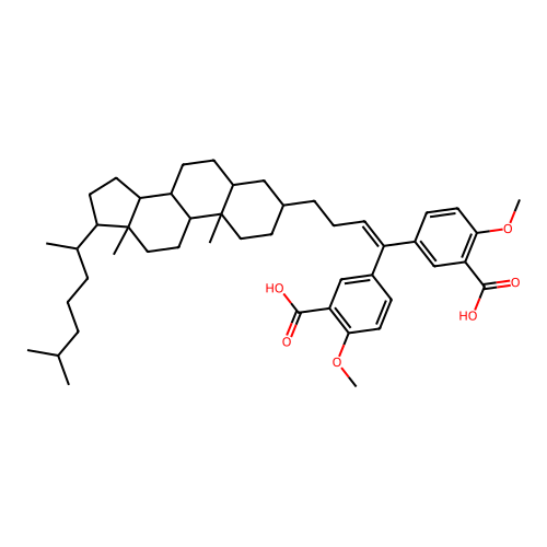 5-[1-(3-carboxy-4-methoxy-phenyl)-4-[17-(1,5-dimethylhexyl)-10,13-dimethyl-2,3,4,5,6,7,8,9,11,12,14,15,16,17-tetradecahydro-1H-cyclopenta[a]phenanthren-3-yl]but-1-enyl]-2-methoxy-benzoic acid structure