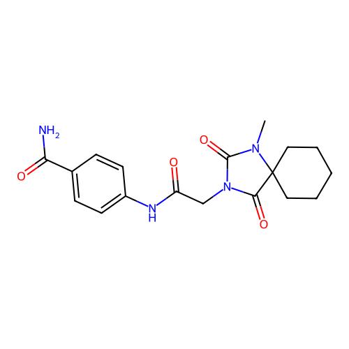 4-{[(1-Methyl-2,4-dioxo-1,3-diazaspiro[4.5]dec-3-yl)acetyl]amino}benzamide structure