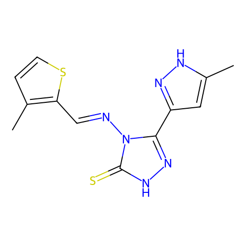 5-(5-Methyl-2H-pyrazol-3-yl)-4-{[1-(3-methyl-thiophen-2-yl)-meth-(E)-ylidene]-amino}-4H-[1,2,4]triazole-3-thiol structure