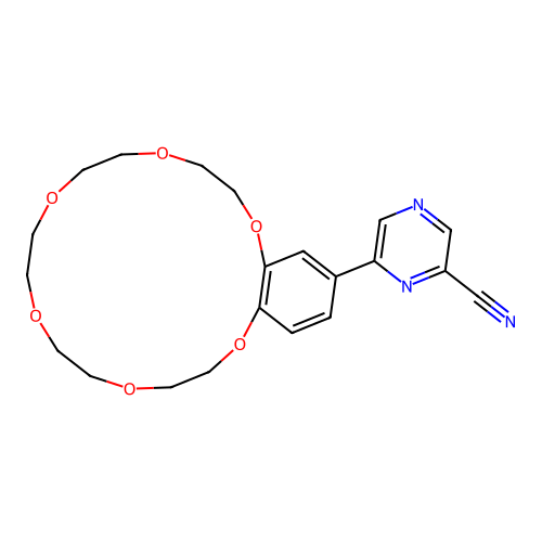 6-(2,3,5,6,8,9,11,12,14,15-decahydro-1,4,7,10,13,16-benzohexaoxacyclooctadecin-18-yl)-2-pyrazinecarbonitrile structure