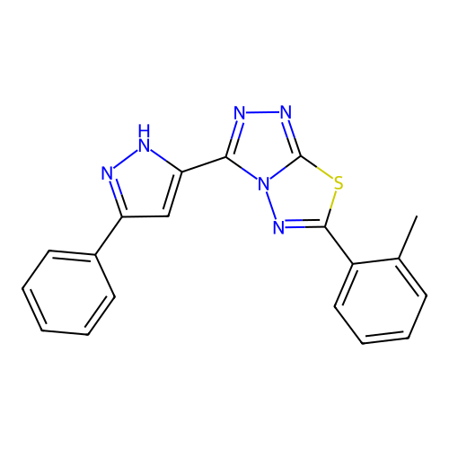 3-(3-phenyl-1H-pyrazol-5-yl)-6-(o-tolyl)-[1,2,4]triazolo[3,4-b][1,3,4]thiadiazole structure