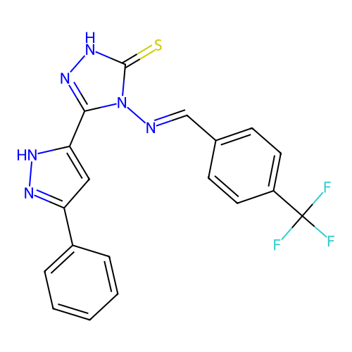 (E)-5-(3-phenyl-1H-pyrazol-5-yl)-4-((4-(trifluoromethyl)benzylidene)amino)-4H-1,2,4-triazole-3-thiol structure