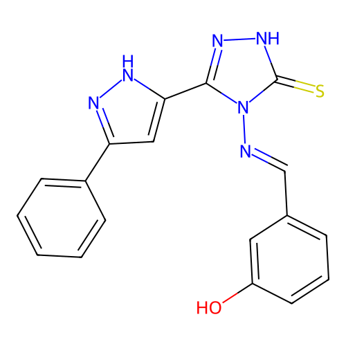 3-{(1E)-2-[5-(3-phenylpyrazol-5-yl)-3-sulfanyl(1,2,4-triazol-4-yl)]-2-azavinyl }phenol structure