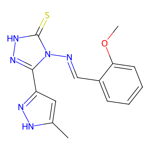 4-{[(E)-(2-methoxyphenyl)methylidene]amino}-5-(5-methyl-1H-pyrazol-3-yl)-4H-1,2,4-triazole-3-thiol structure