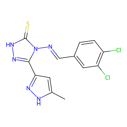 (E)-4-((3,4-dichlorobenzylidene)amino)-5-(3-methyl-1H-pyrazol-5-yl)-4H-1,2,4-triazole-3-thiol structure