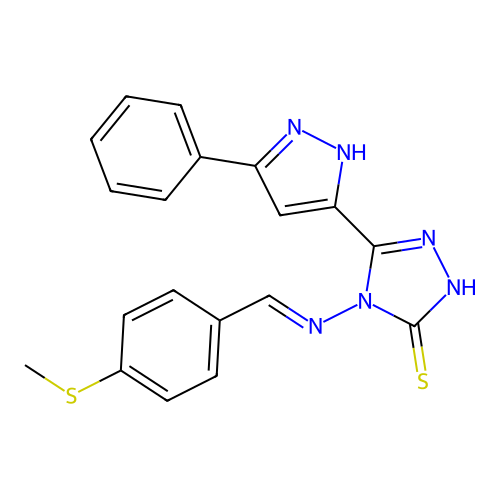 4-({(E)-[4-(methylsulfanyl)phenyl]methylidene}amino)-5-(5-phenyl-1H-pyrazol-3-yl)-4H-1,2,4-triazole-3-thiol structure
