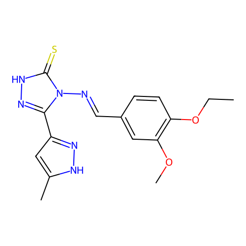 (E)-4-((4-ethoxy-3-methoxybenzylidene)amino)-5-(3-methyl-1H-pyrazol-5-yl)-4H-1,2,4-triazole-3-thiol structure