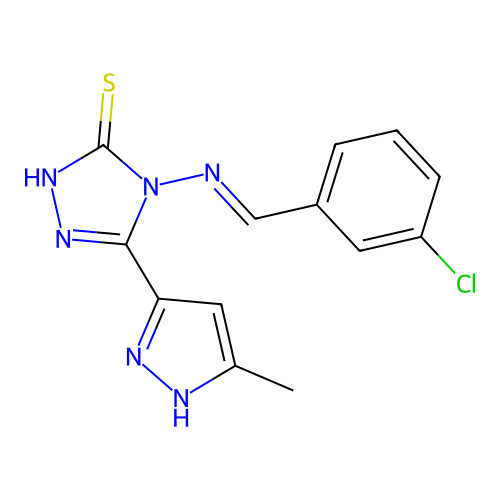 (E)-4-((3-chlorobenzylidene)amino)-5-(3-methyl-1H-pyrazol-5-yl)-4H-1,2,4-triazole-3-thiol structure