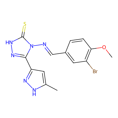 (E)-4-((3-bromo-4-methoxybenzylidene)amino)-5-(3-methyl-1H-pyrazol-5-yl)-4H-1,2,4-triazole-3-thiol structure