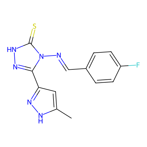 (E)-4-((4-fluorobenzylidene)amino)-5-(3-methyl-1H-pyrazol-5-yl)-4H-1,2,4-triazole-3-thiol structure