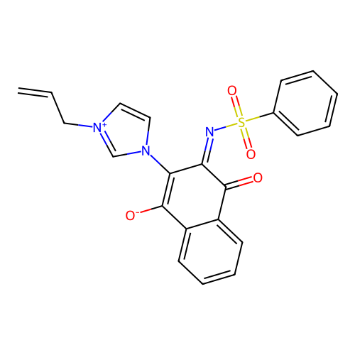 3-(benzenesulfonylimino)-4-oxo-2-(3-prop-2-enylimidazol-1-yl)naphthalen-1-olate structure
