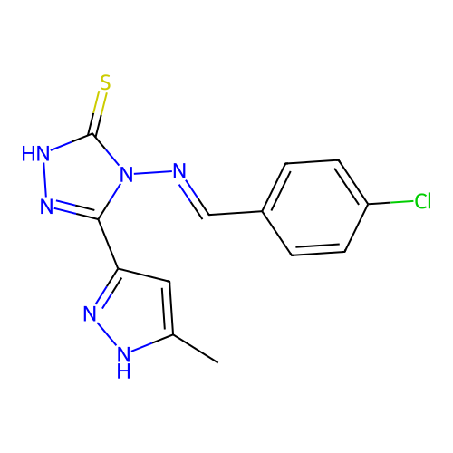 (E)-4-((4-chlorobenzylidene)amino)-5-(3-methyl-1H-pyrazol-5-yl)-4H-1,2,4-triazole-3-thiol structure