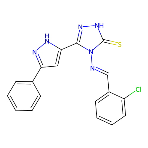 (E)-4-((2-chlorobenzylidene)amino)-5-(3-phenyl-1H-pyrazol-5-yl)-4H-1,2,4-triazole-3-thiol structure