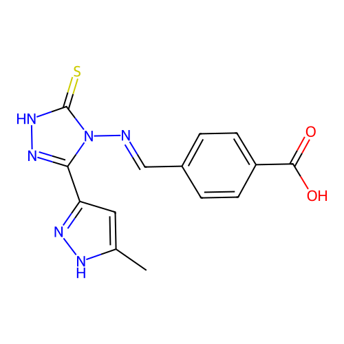 (E)-4-(((3-mercapto-5-(3-methyl-1H-pyrazol-5-yl)-4H-1,2,4-triazol-4-yl)imino)methyl)benzoic acid structure
