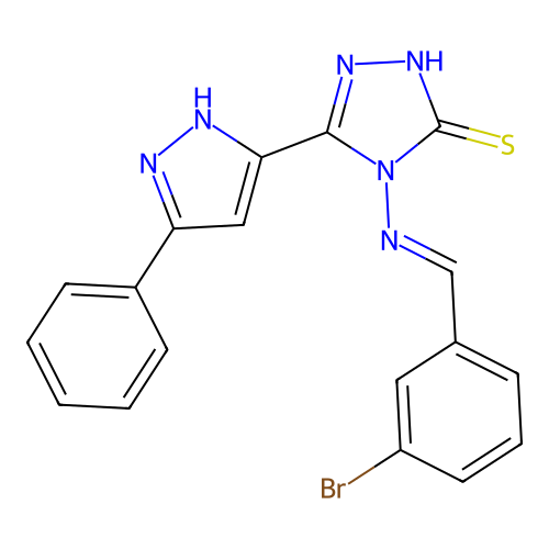 4-[(1E)-2-(3-bromophenyl)-1-azavinyl]-5-(3-phenylpyrazol-5-yl)-1,2,4-triazole- 3-thiol structure
