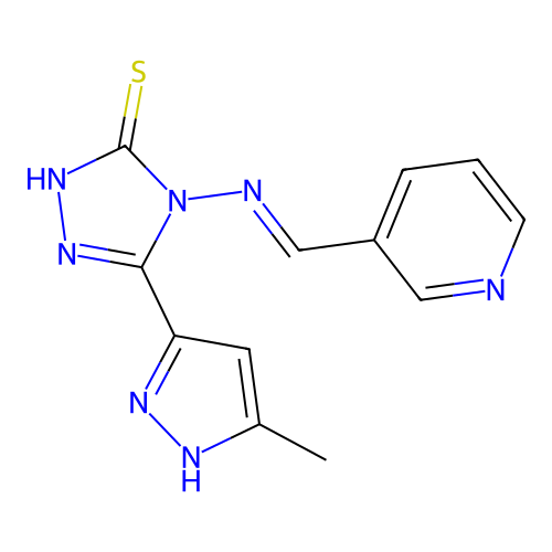 4-((1E)-2-(3-pyridyl)-1-azavinyl)-5-(3-methylpyrazol-5-yl)-1,2,4-triazole-3-th iol structure