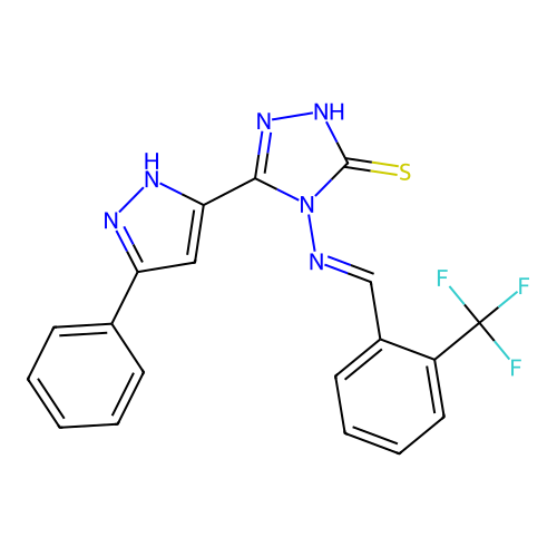 5-(5-phenyl-1H-pyrazol-3-yl)-4-({(E)-[2-(trifluoromethyl)phenyl]methylidene}amino)-4H-1,2,4-triazole-3-thiol structure
