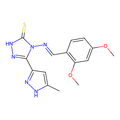 (E)-4-((2,4-dimethoxybenzylidene)amino)-5-(3-methyl-1H-pyrazol-5-yl)-4H-1,2,4-triazole-3-thiol structure