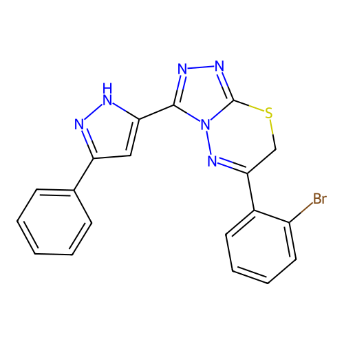 6-(2-bromophenyl)-3-(3-phenyl-1H-pyrazol-5-yl)-7H-[1,2,4]triazolo[3,4-b][1,3,4]thiadiazine structure