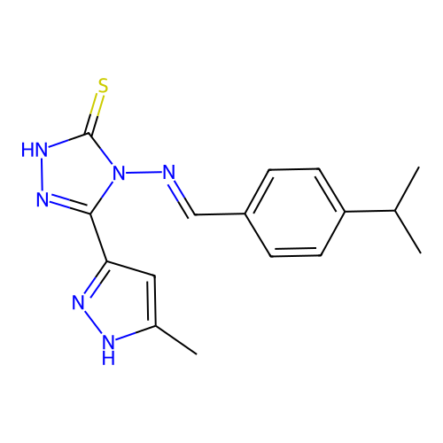 (E)-4-((4-isopropylbenzylidene)amino)-5-(3-methyl-1H-pyrazol-5-yl)-4H-1,2,4-triazole-3-thiol structure