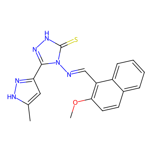 (E)-4-(((2-methoxynaphthalen-1-yl)methylene)amino)-5-(3-methyl-1H-pyrazol-5-yl)-4H-1,2,4-triazole-3-thiol structure