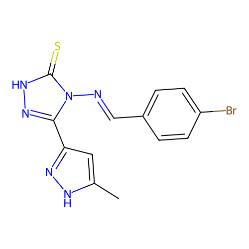 4-[(1E)-2-(4-bromophenyl)-1-azavinyl]-5-(3-methylpyrazol-5-yl)-1,2,4-triazole- 3-thiol structure