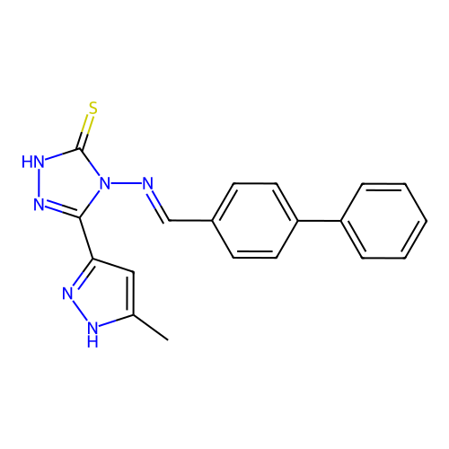 (E)-4-(([1,1'-biphenyl]-4-ylmethylene)amino)-5-(3-methyl-1H-pyrazol-5-yl)-4H-1,2,4-triazole-3-thiol structure