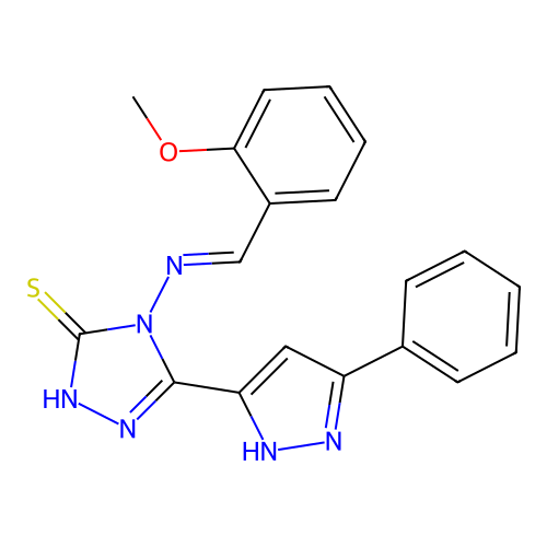 (E)-4-((2-methoxybenzylidene)amino)-5-(3-phenyl-1H-pyrazol-5-yl)-4H-1,2,4-triazole-3-thiol structure
