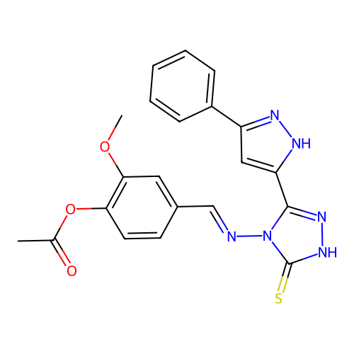 (E)-4-(((3-mercapto-5-(3-phenyl-1H-pyrazol-5-yl)-4H-1,2,4-triazol-4-yl)imino)methyl)-2-methoxyphenyl acetate structure
