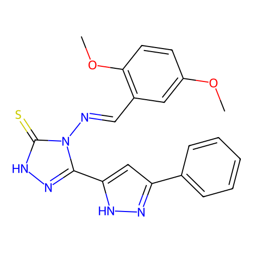 (E)-4-((2,5-dimethoxybenzylidene)amino)-5-(3-phenyl-1H-pyrazol-5-yl)-4H-1,2,4-triazole-3-thiol structure