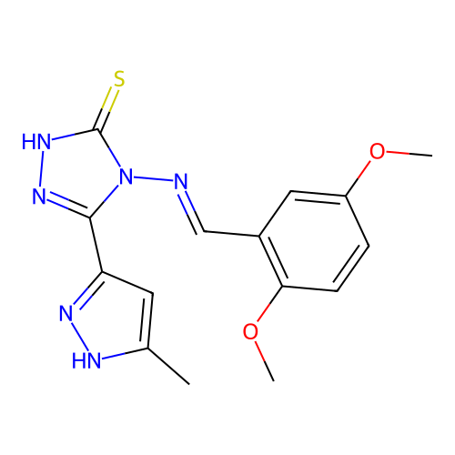 (E)-4-((2,5-dimethoxybenzylidene)amino)-5-(3-methyl-1H-pyrazol-5-yl)-4H-1,2,4-triazole-3-thiol structure