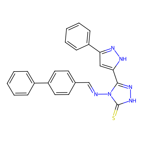4-{[(E)-biphenyl-4-ylmethylidene]amino}-5-(5-phenyl-1H-pyrazol-3-yl)-4H-1,2,4-triazole-3-thiol structure