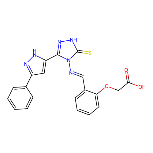 (E)-2-(2-(((3-mercapto-5-(3-phenyl-1H-pyrazol-5-yl)-4H-1,2,4-triazol-4-yl)imino)methyl)phenoxy)acetic acid structure