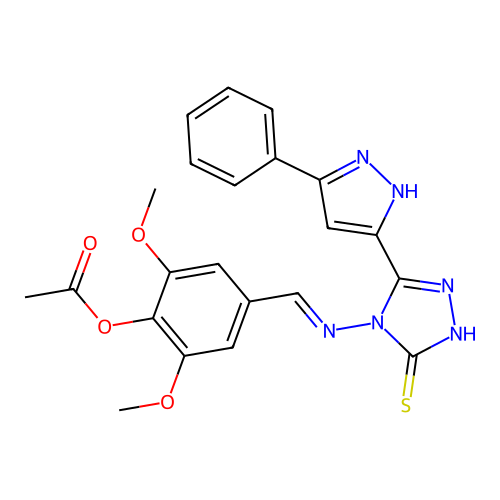 (E)-4-(((3-mercapto-5-(3-phenyl-1H-pyrazol-5-yl)-4H-1,2,4-triazol-4-yl)imino)methyl)-2,6-dimethoxyphenyl acetate structure