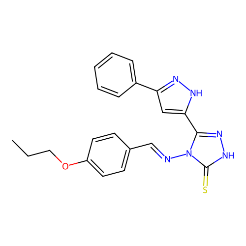 (E)-5-(3-phenyl-1H-pyrazol-5-yl)-4-((4-propoxybenzylidene)amino)-4H-1,2,4-triazole-3-thiol structure