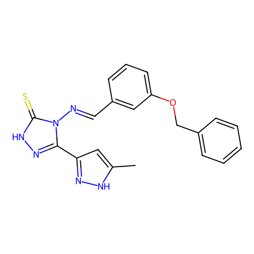 (E)-4-((3-(benzyloxy)benzylidene)amino)-5-(3-methyl-1H-pyrazol-5-yl)-4H-1,2,4-triazole-3-thiol structure