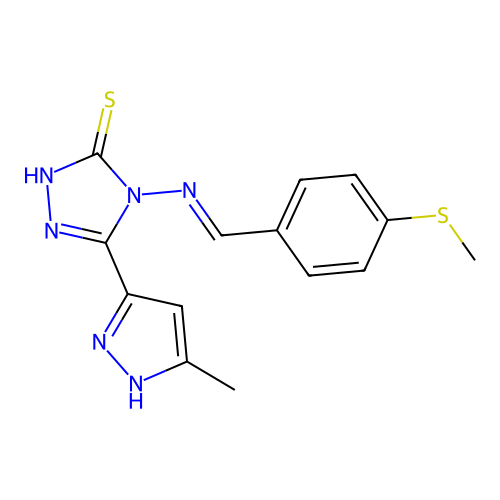 5-(5-methyl-1H-pyrazol-3-yl)-4-({(E)-[4-(methylsulfanyl)phenyl]methylidene}amino)-4H-1,2,4-triazole-3-thiol structure