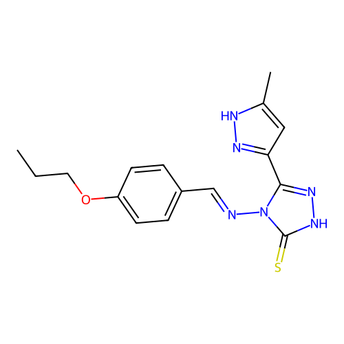 (E)-5-(3-methyl-1H-pyrazol-5-yl)-4-((4-propoxybenzylidene)amino)-4H-1,2,4-triazole-3-thiol structure