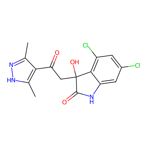 4,6-dichloro-3-[2-(3,5-dimethyl-1H-pyrazol-4-yl)-2-oxoethyl]-3-hydroxy-1,3-dihydro-2H-indol-2-one structure
